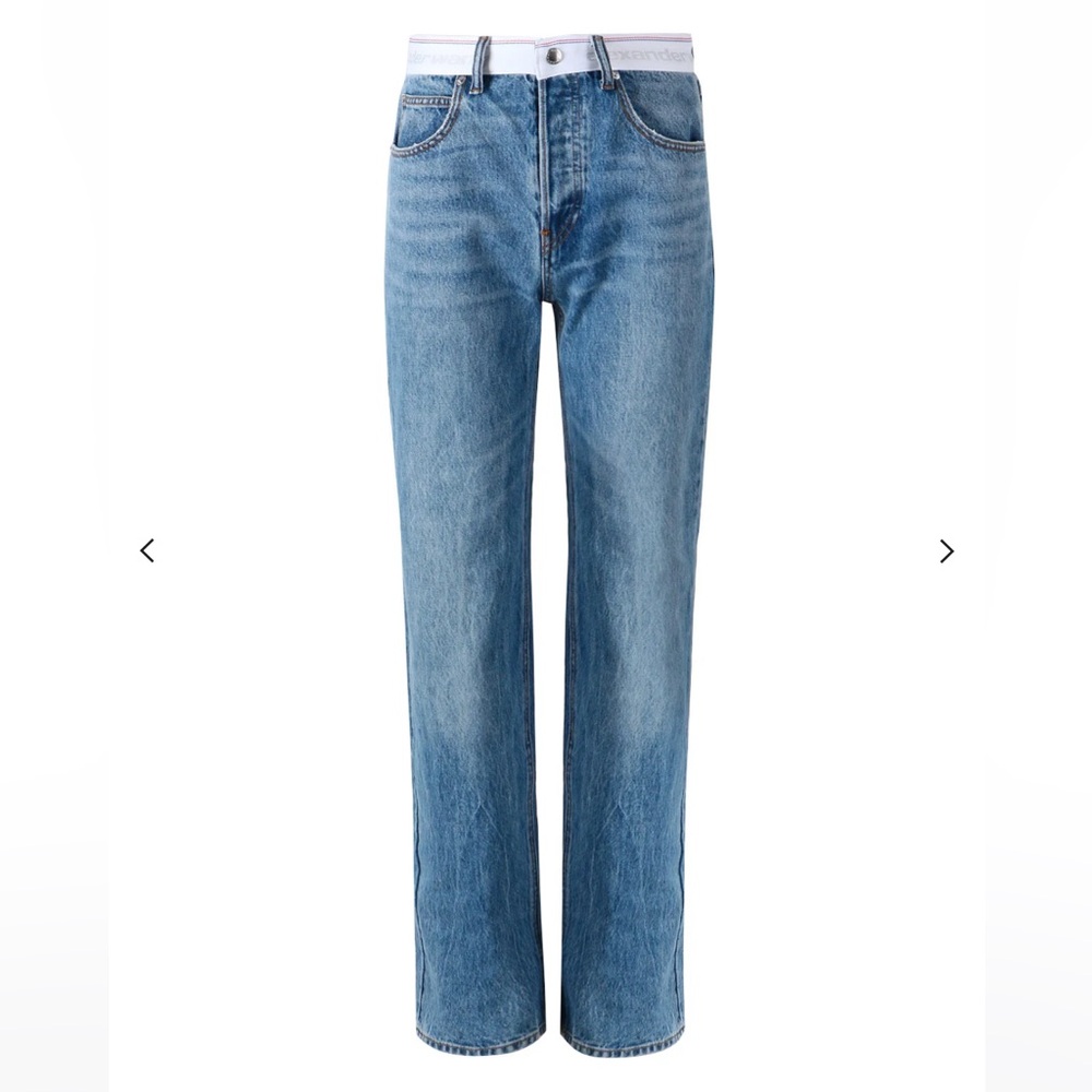 ALEXANDER WANG LOGO WEBBING MID RISE RELAXED STRAIGHT JEAN VINTAGE LIGHT INDIGO